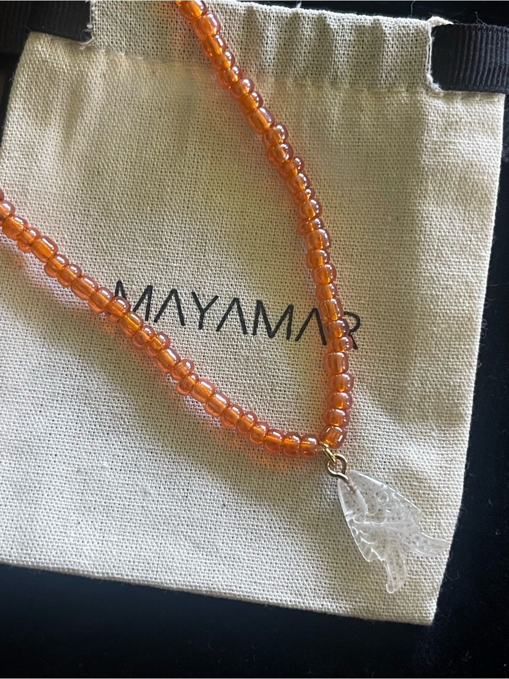 Mayamar Orange Glass Bead Necklace with Clear Fish Charm